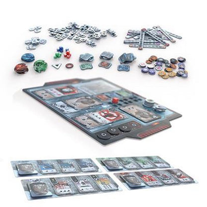 DEI_ Divide et Impera board game components including a main board, cards, and various tokens spread out on a white surface