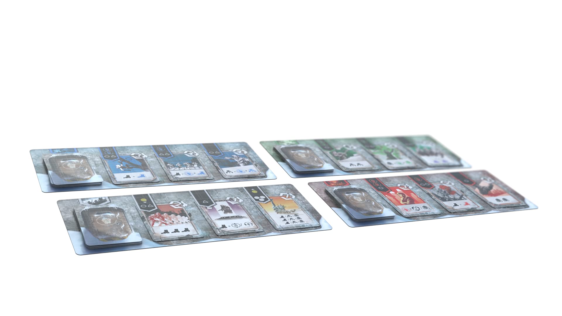 Four DEI Divide et Impera game boards, distinct in color schemes like blue, green, and red, are laid out on a white surface, each displaying a card deck and several face-up cards