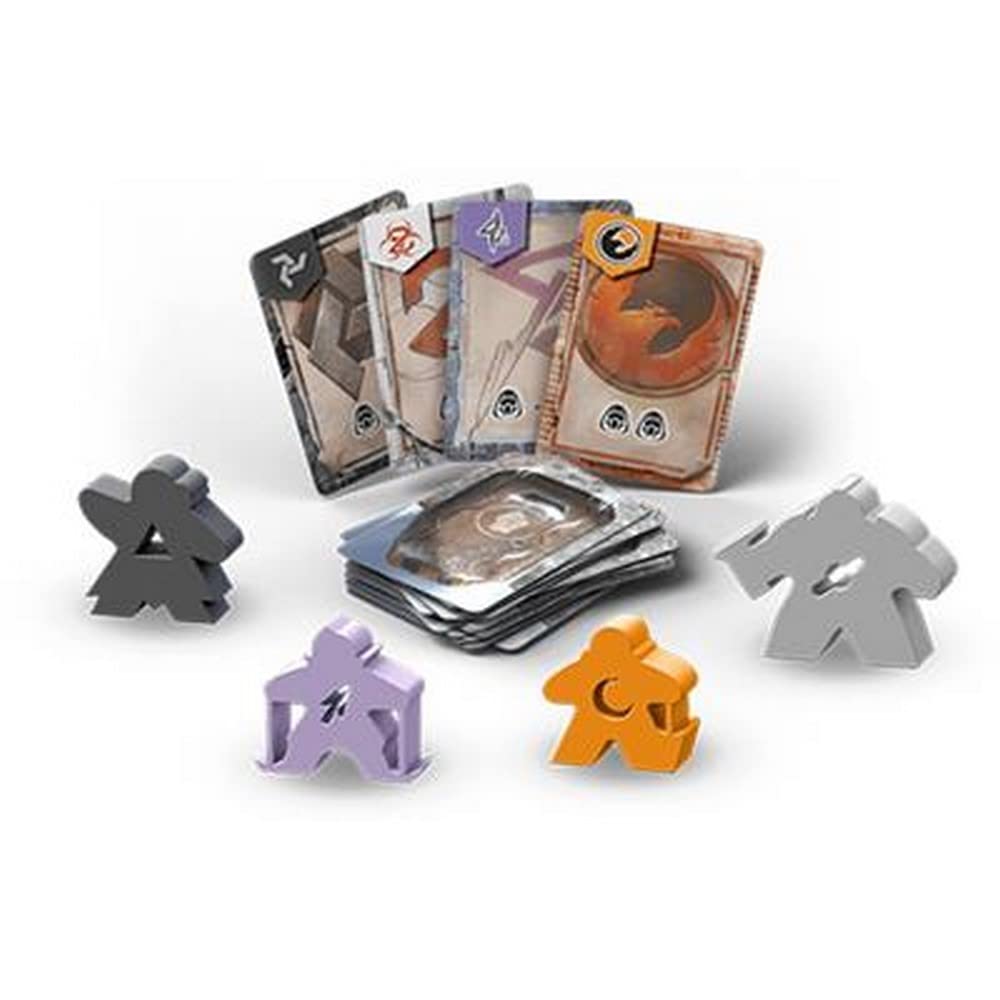 Board game components showing fanned-out cards, a stack of cards, and five colorful meeples in gray, purple, and orange