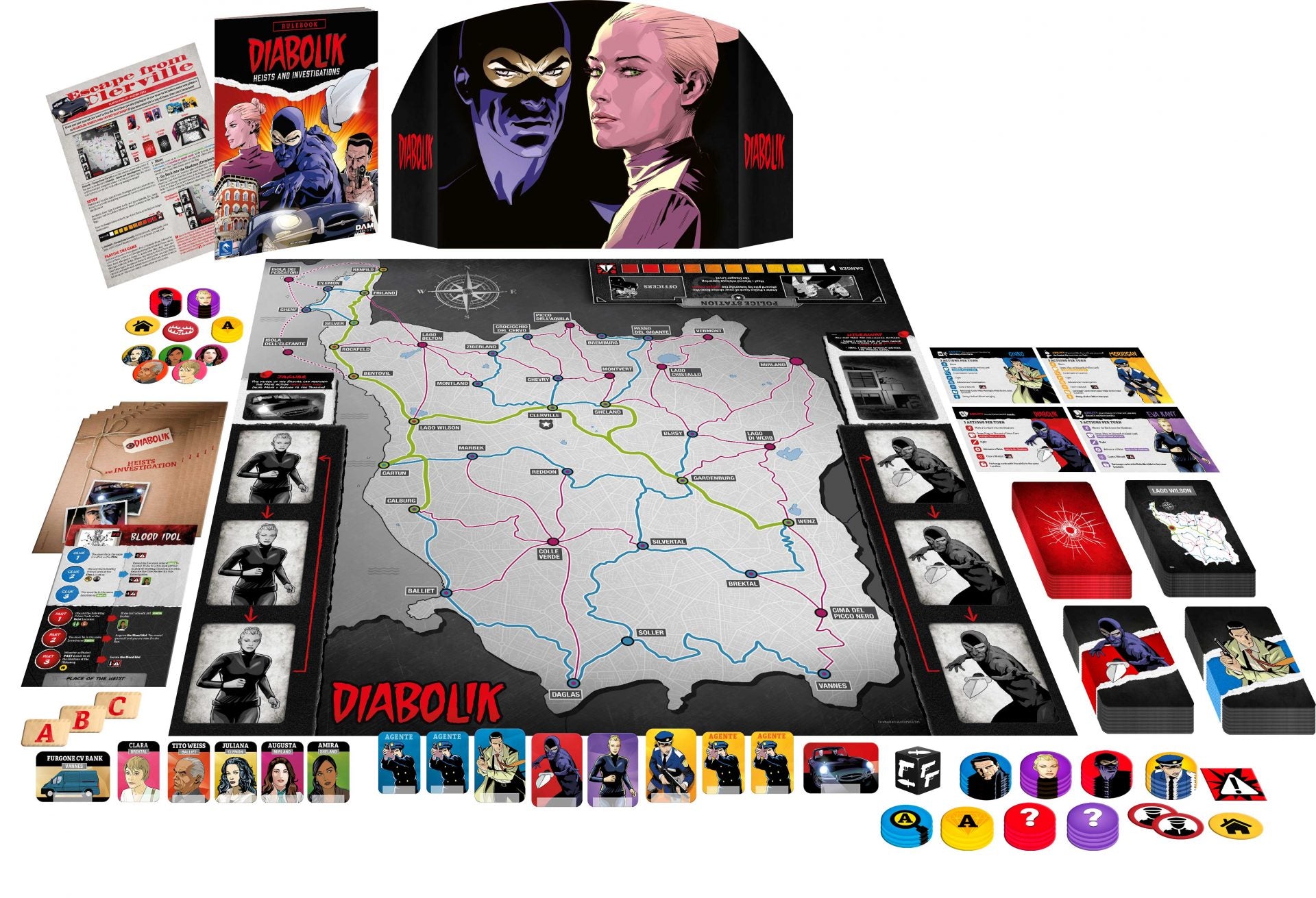 Diabolik Heists and Investigations board game set with rulebook game board character cards tokens and box featuring Diabolik and Eva Kant art