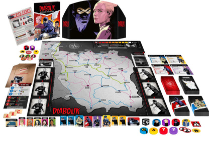 Diabolik Heists and Investigations board game set with rulebook game board character cards tokens and box featuring Diabolik and Eva Kant art