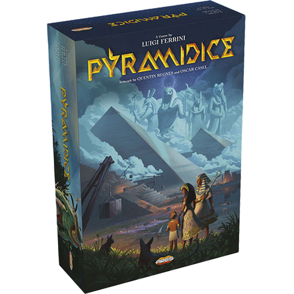 Pyramidice board game box with ancient Egyptian artwork