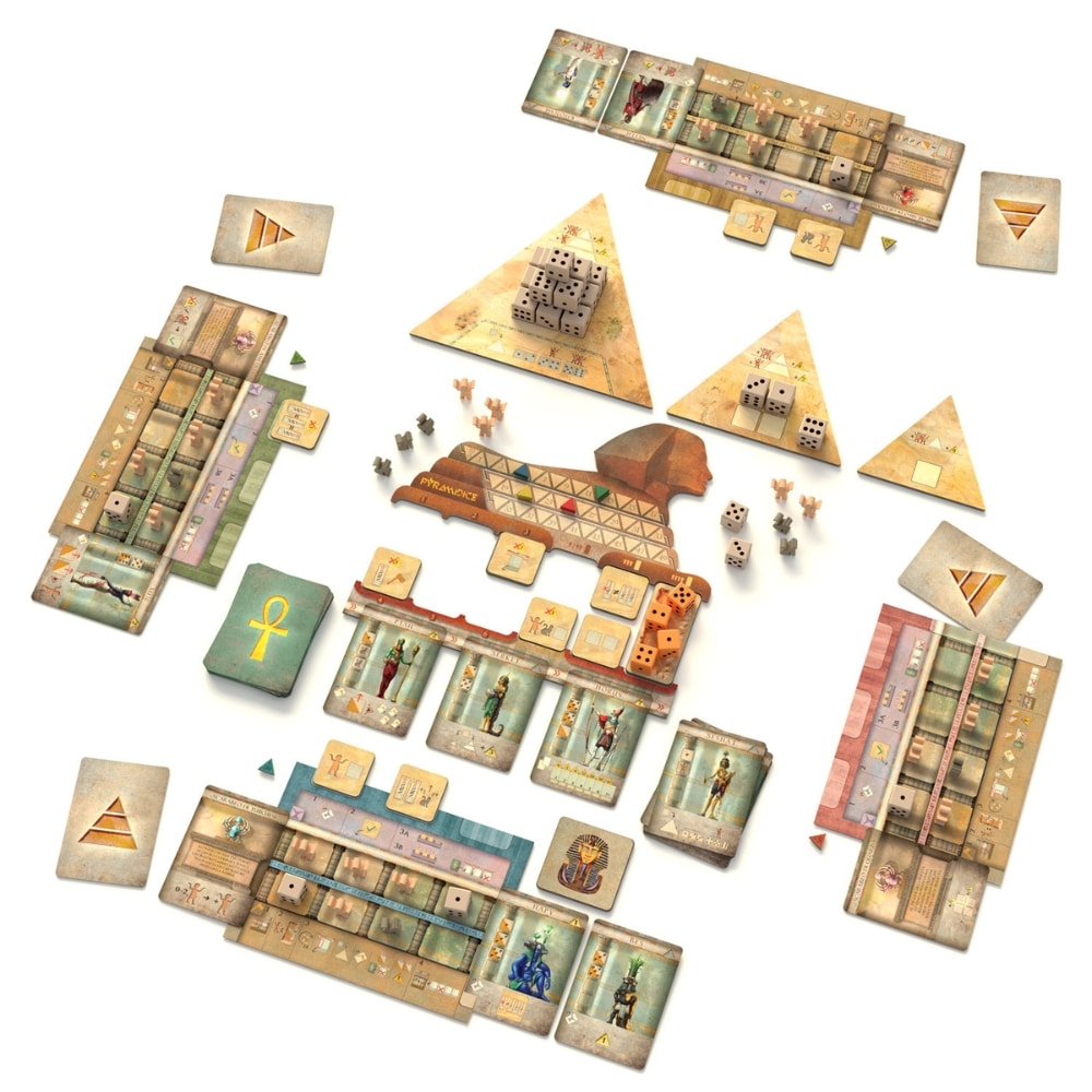 Full game setup of Pyramidice showing board, dice, and components
