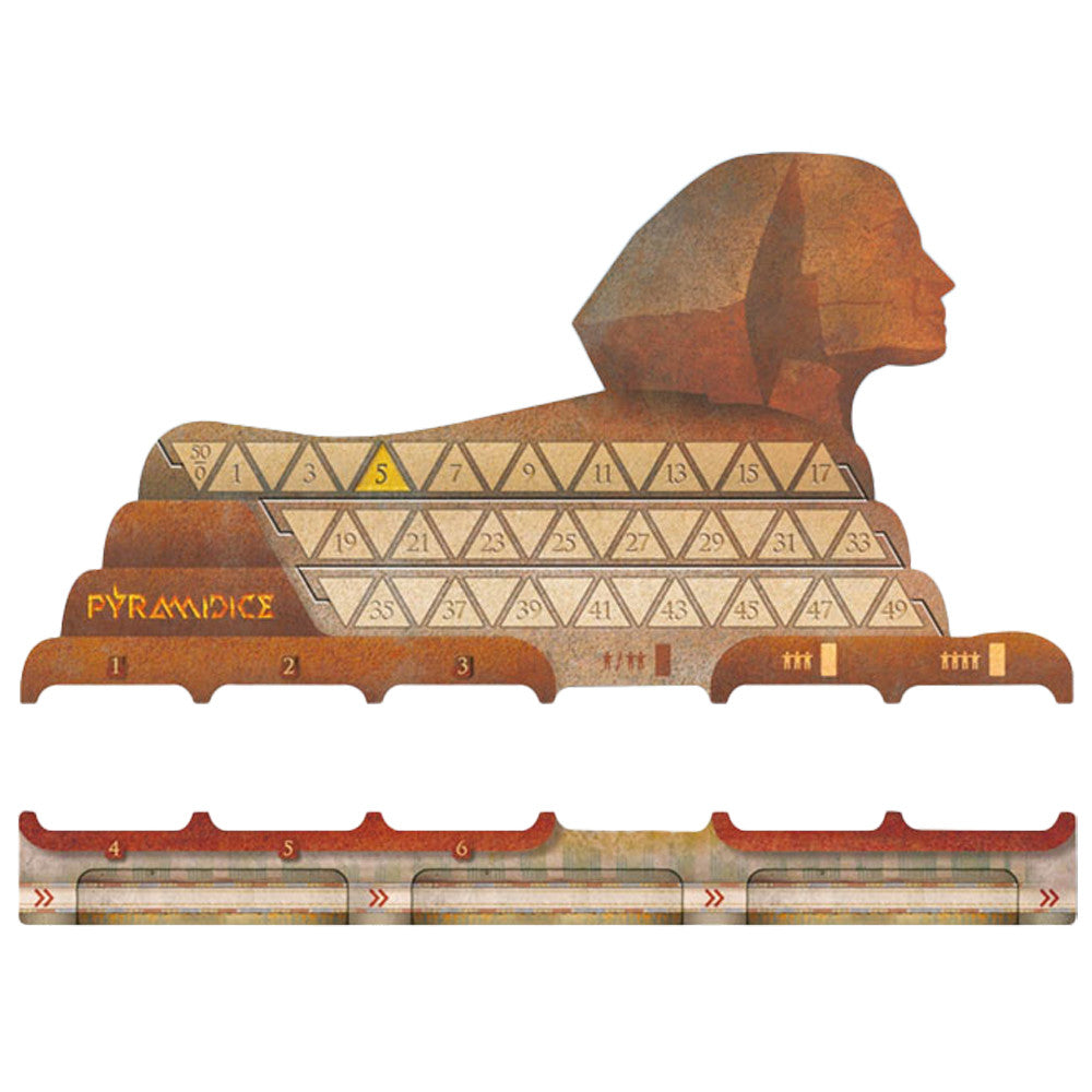 Pyramidice game cards and components arranged during play