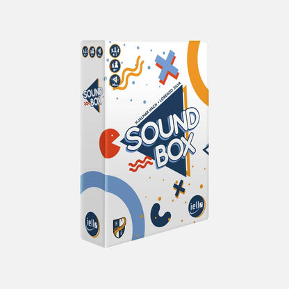 A white game box for Sound Box stands angled with colourful abstract blue, orange, and red shapes and lines on a light grey background