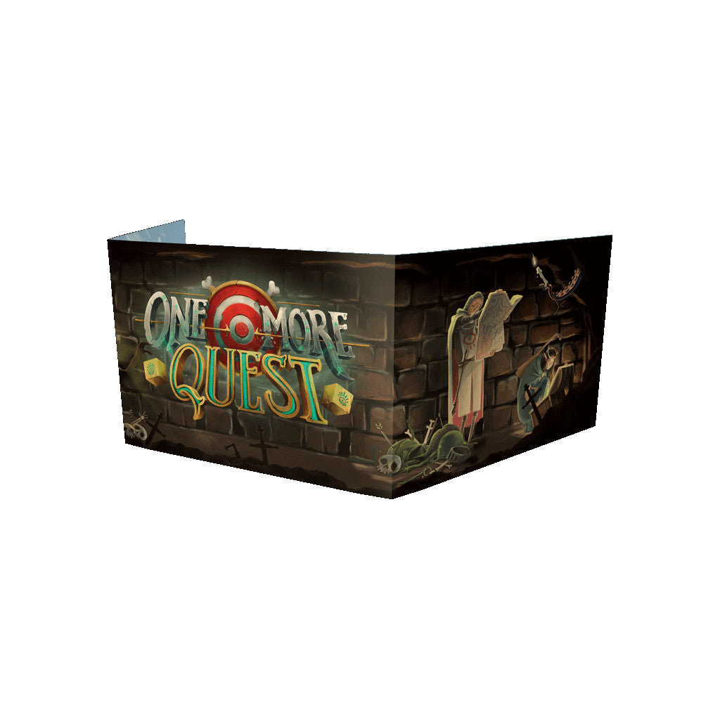 A three-panel One More Quest SDM Screen displays fantasy art including the game title, characters, skulls, and a target on a brick wall