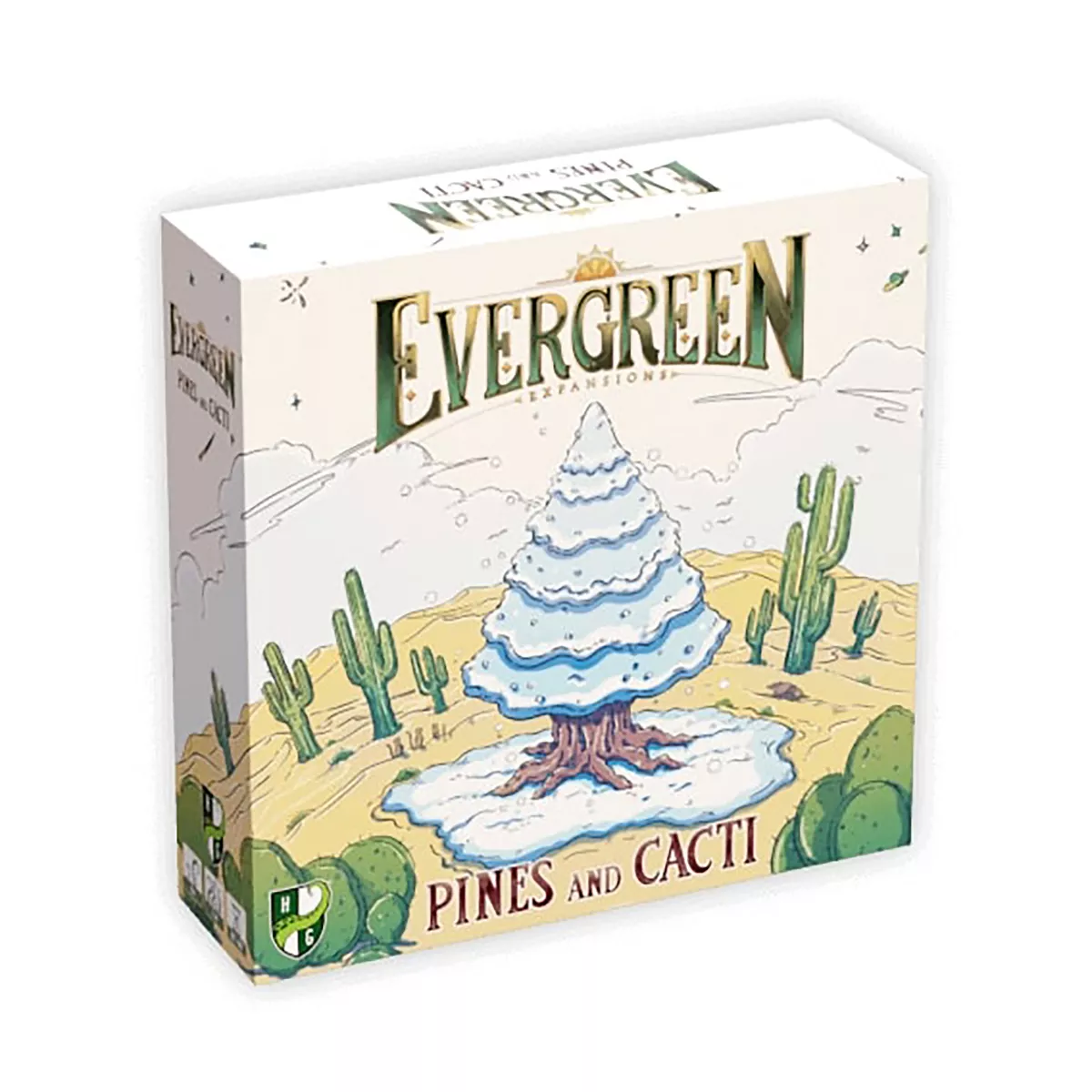 Evergreen Pines and Cacti Expansion game box shows a snow-covered tree and cacti in a desert landscape