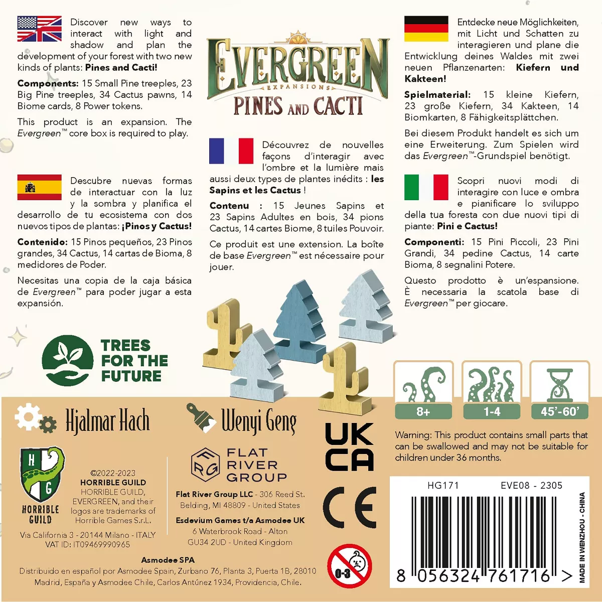 The Evergreen Pines and Cacti Expansion box shows light blue pine tree and beige cactus game pieces with game information in various languages