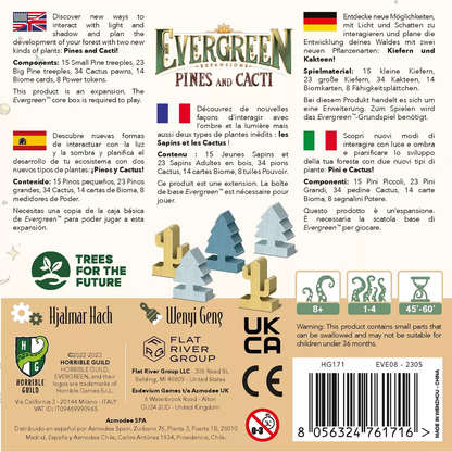 The Evergreen Pines and Cacti Expansion box shows light blue pine tree and beige cactus game pieces with game information in various languages