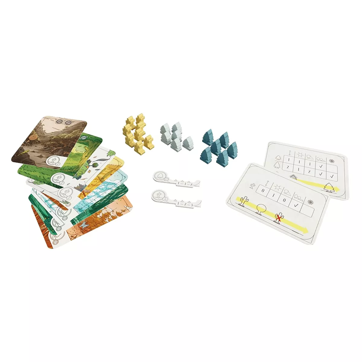 Evergreen Pines and Cacti Expansion board game pieces including a stack of nature cards, yellow, light blue, and dark blue tree tokens, two white plastic keys, and two player boards