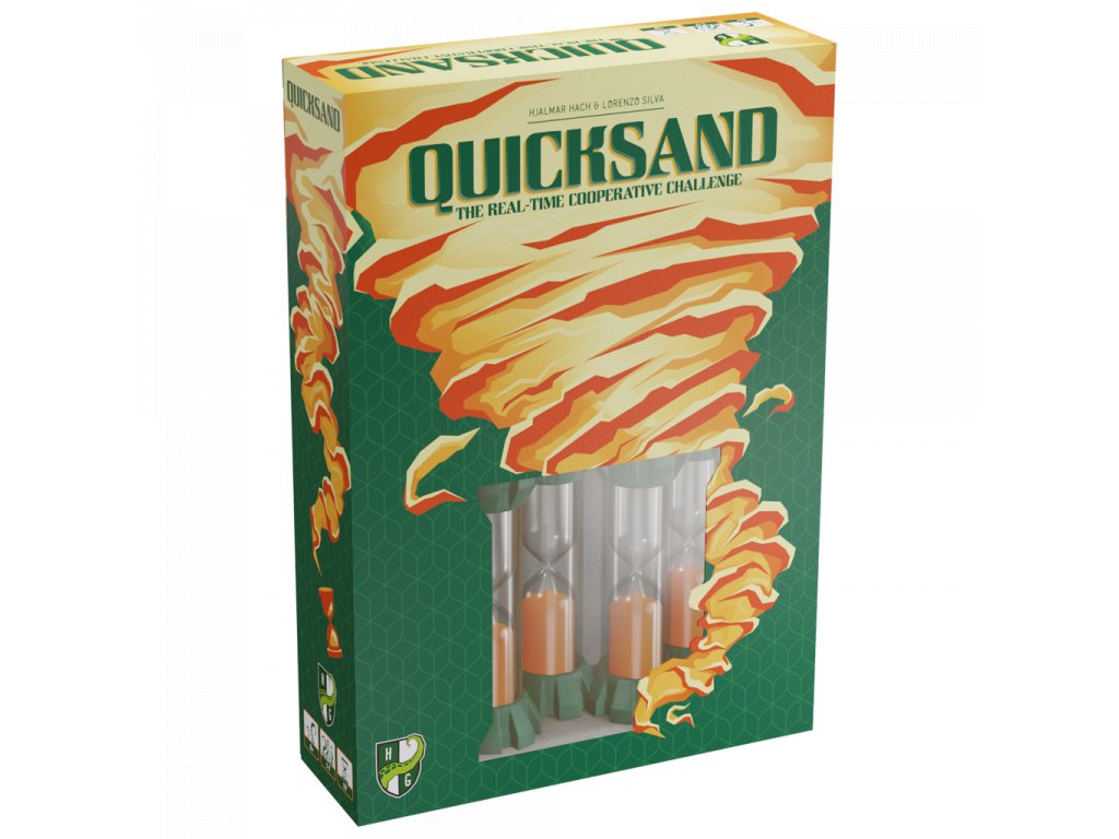 The Quicksand game box features a green and orange quicksand vortex design with a window revealing several orange hourglasses inside