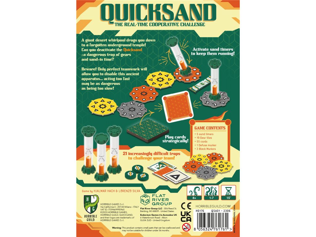Back of the Quicksand board game box showing sand timers, colourful gear tokens, game cards, and text describing game play and contents