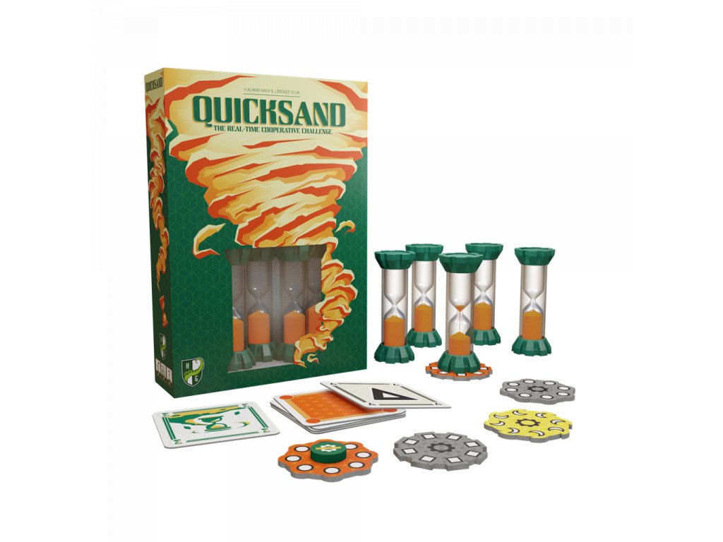 Quicksand board game showing its box with a sand vortex design, multiple orange-sand hourglasses, game cards, and various circular tokens