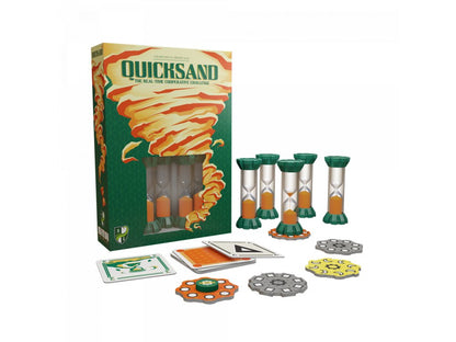 Quicksand board game showing its box with a sand vortex design, multiple orange-sand hourglasses, game cards, and various circular tokens
