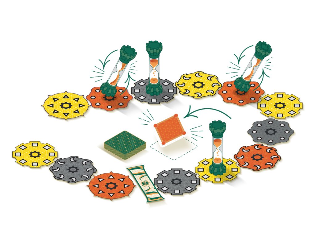 Quicksand game components including four green hourglasses, various yellow, orange, and grey circular tokens, and green cards depicting a game in progress
