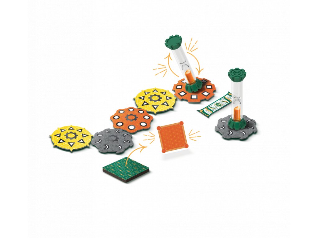 Quicksand game components include colourful patterned tiles, two green hourglass timers with orange sand, an orange card, a green square tile, and a patterned green mat