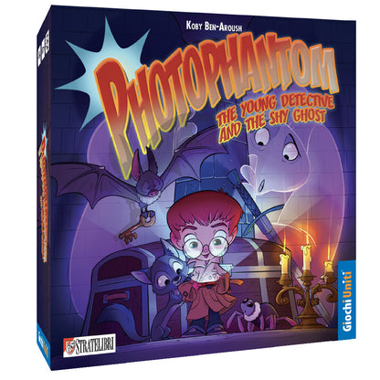 Box front image of "Photophantom: The Young Detective and the Shy Ghost" showing a whimsical detective and ghost illustration with a colorful, mysterious background