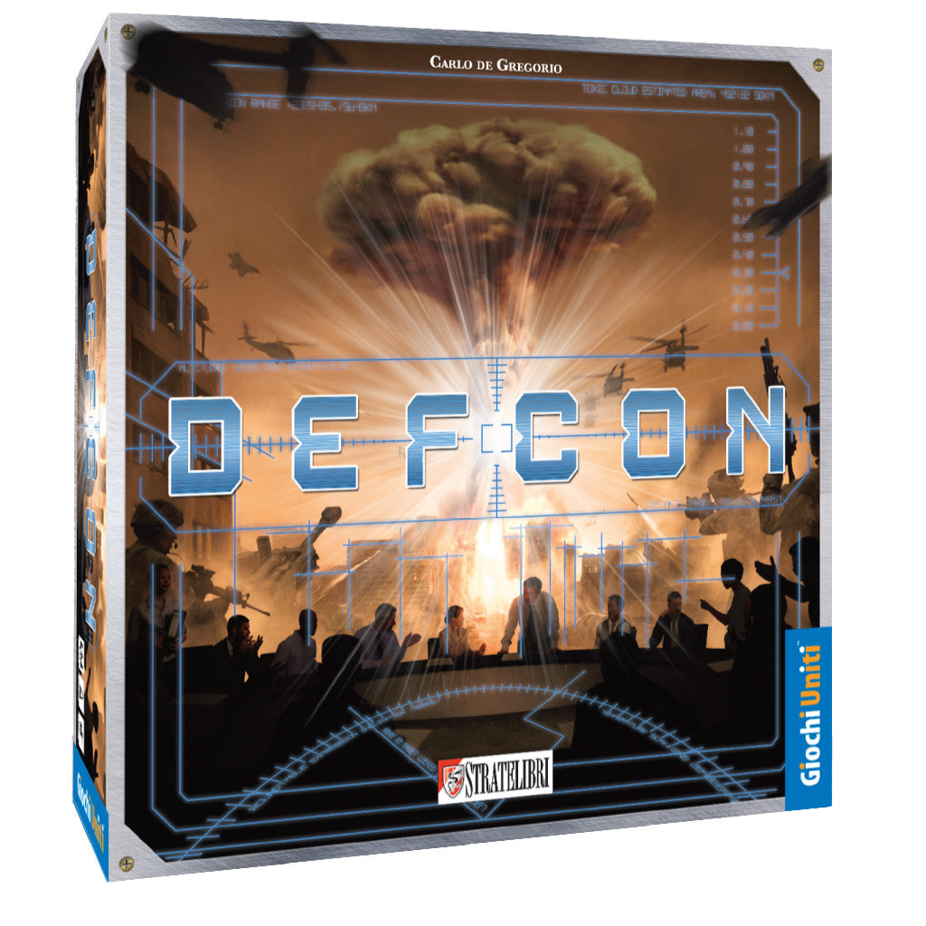 DEFCON board game with cityscape mushroom cloud explosion soldiers and people at a table