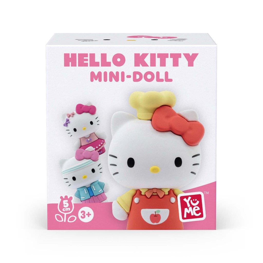 Packaging for Hello Kitty Mini-Doll showing three figurines; the largest wears a chef hat and red apron