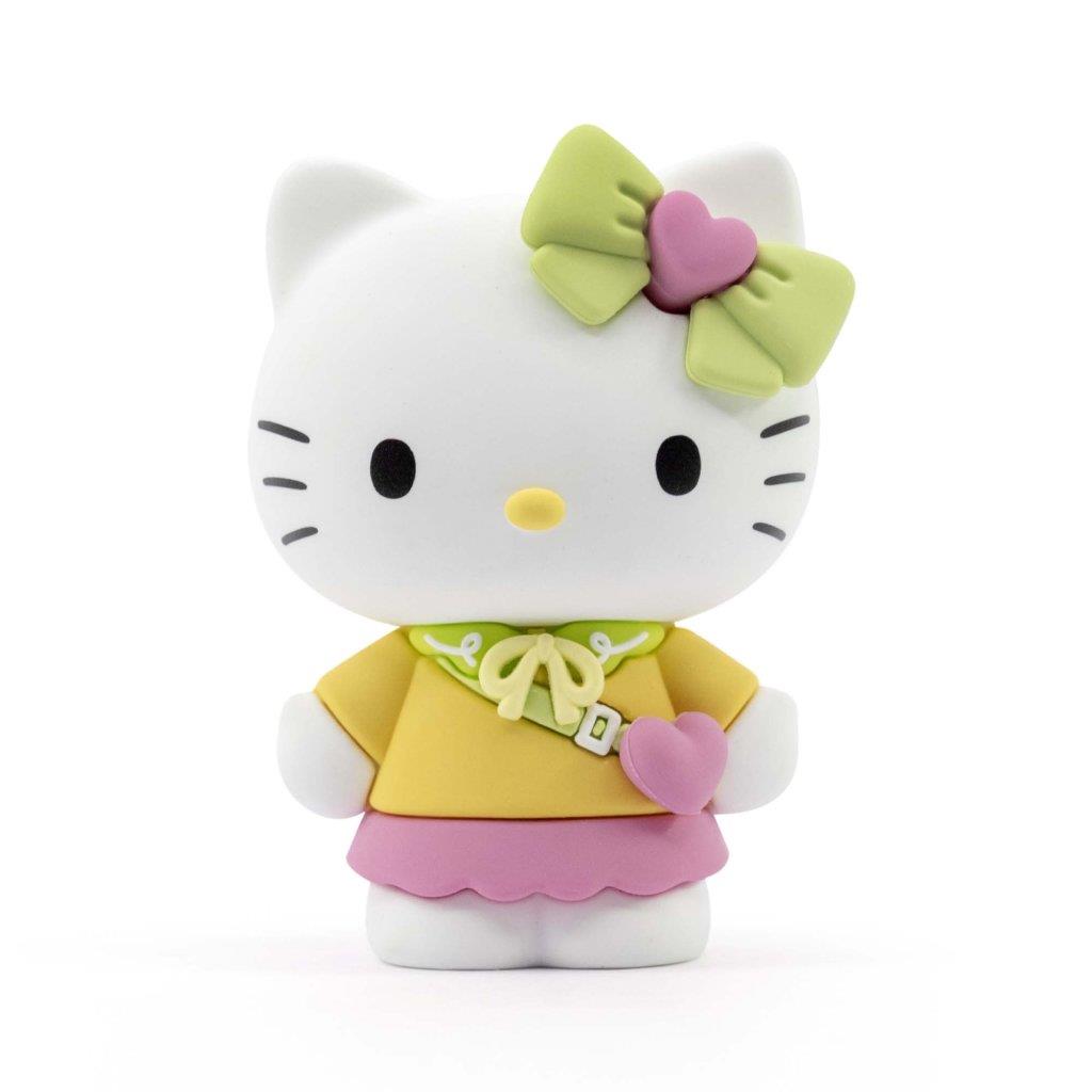 Hello Kitty collectible figure in a yellow shirt, pink skirt, and a green bow
