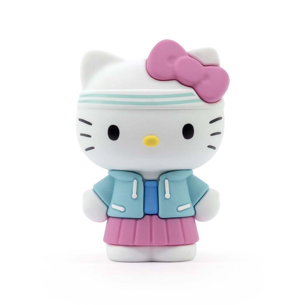 Hello Kitty vinyl figure wearing a pink bow, white headband, blue jacket, and pink skirt