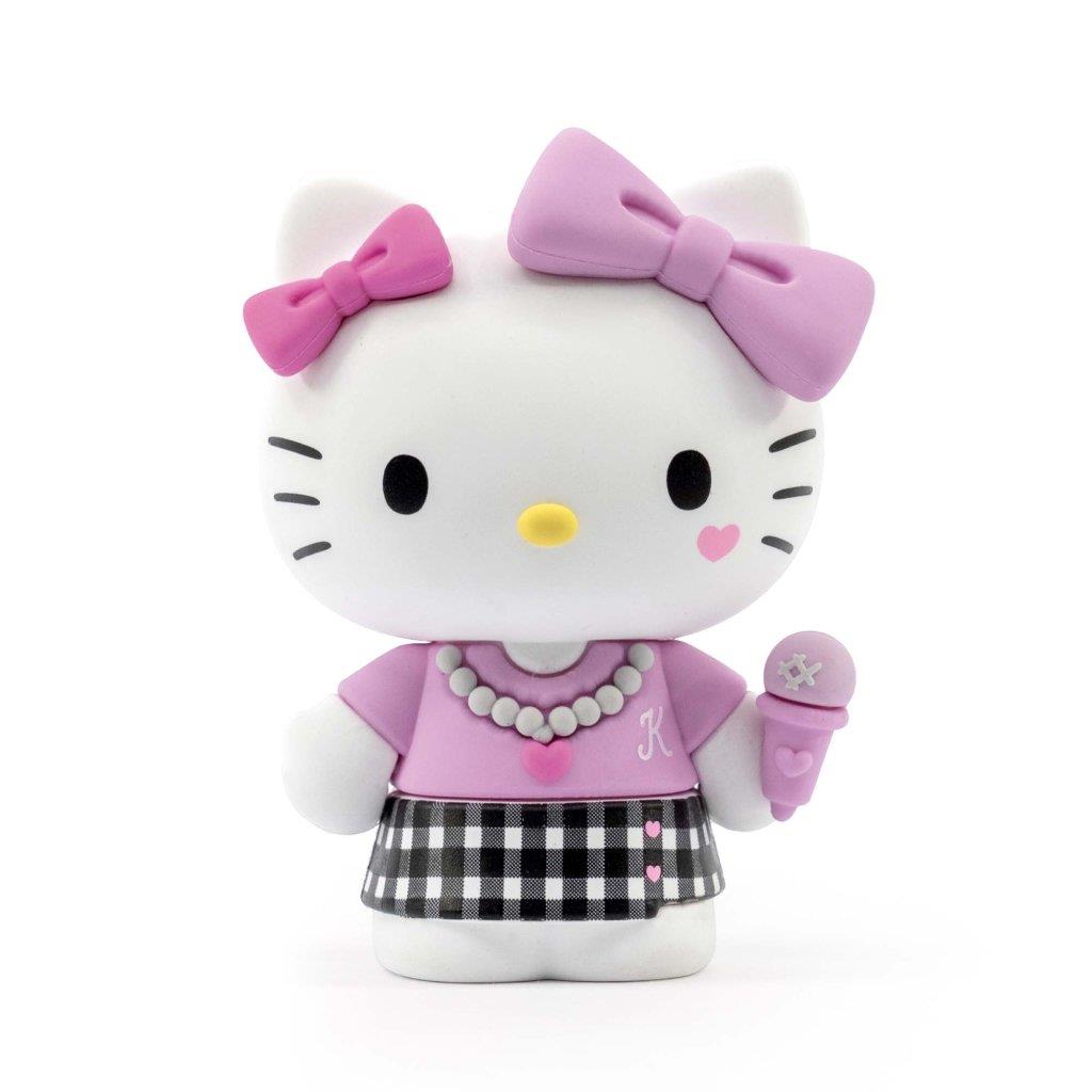Hello Kitty figure in pink and gingham dress, holding a pink microphone