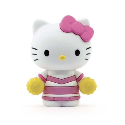 Hello Kitty vinyl figure with a pink bow, pink striped outfit, and yellow pom-pom hands