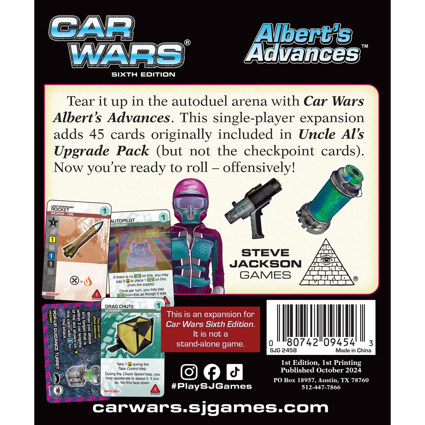 The back of the Car Wars Sixth Edition Albert's Advances expansion box features artwork of a masked character and four game cards with product details for this 45-card add-on