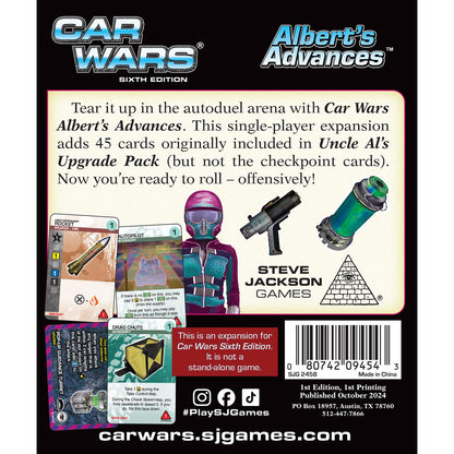 The back of the Car Wars Sixth Edition Albert's Advances expansion box features artwork of a masked character and four game cards with product details for this 45-card add-on