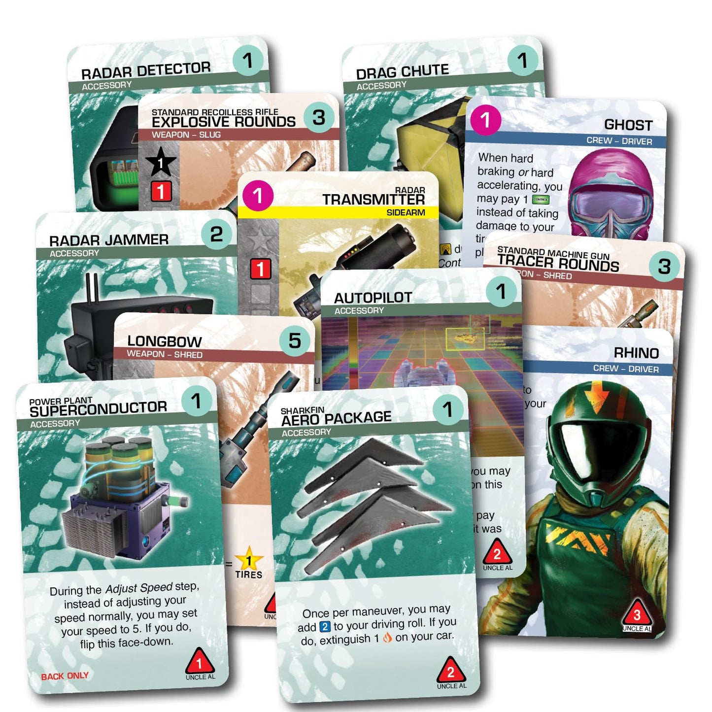 A fanned array of Car Wars (Sixth Edition) Albert's Advances game cards showing vehicle parts, weapons, and driver characters with their abilities