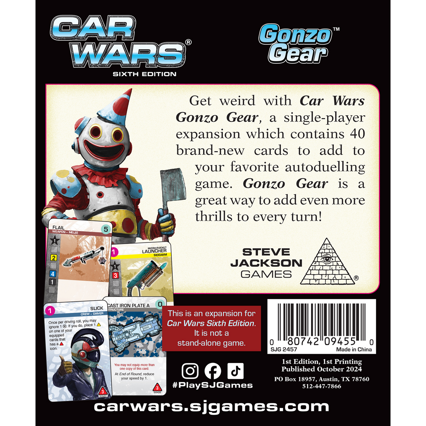 The back of the Car Wars Sixth Edition Gonzo Gear expansion features a clown robot with a cleaver, sample game cards, and text touting 40 new autoduelling cards