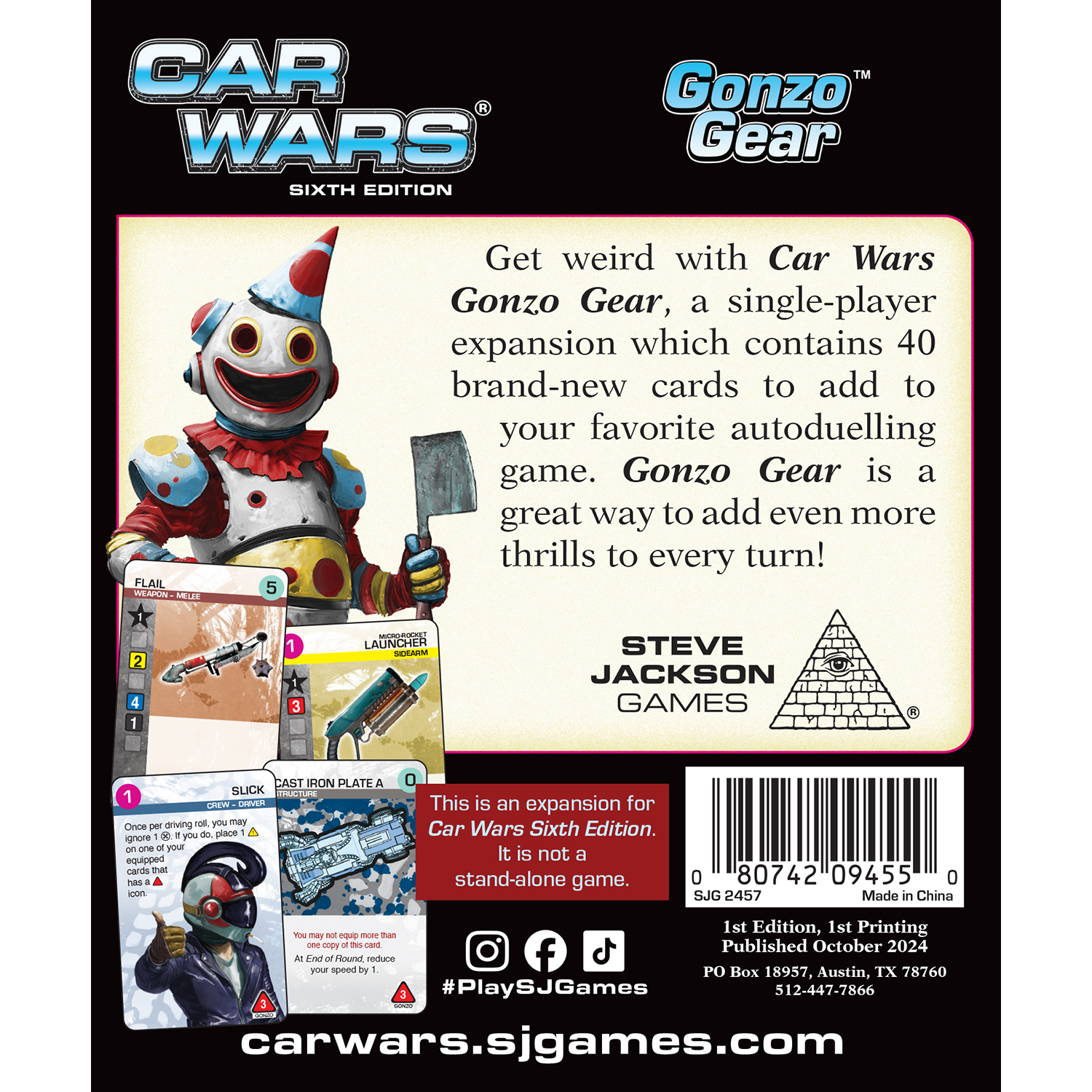 The back of the Car Wars Sixth Edition Gonzo Gear expansion features a clown robot with a cleaver, sample game cards, and text touting 40 new autoduelling cards
