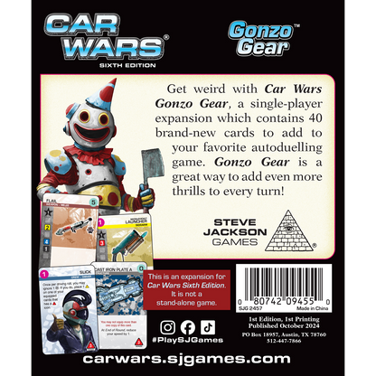 The back of the Car Wars Sixth Edition Gonzo Gear expansion features a clown robot with a cleaver, sample game cards, and text touting 40 new autoduelling cards