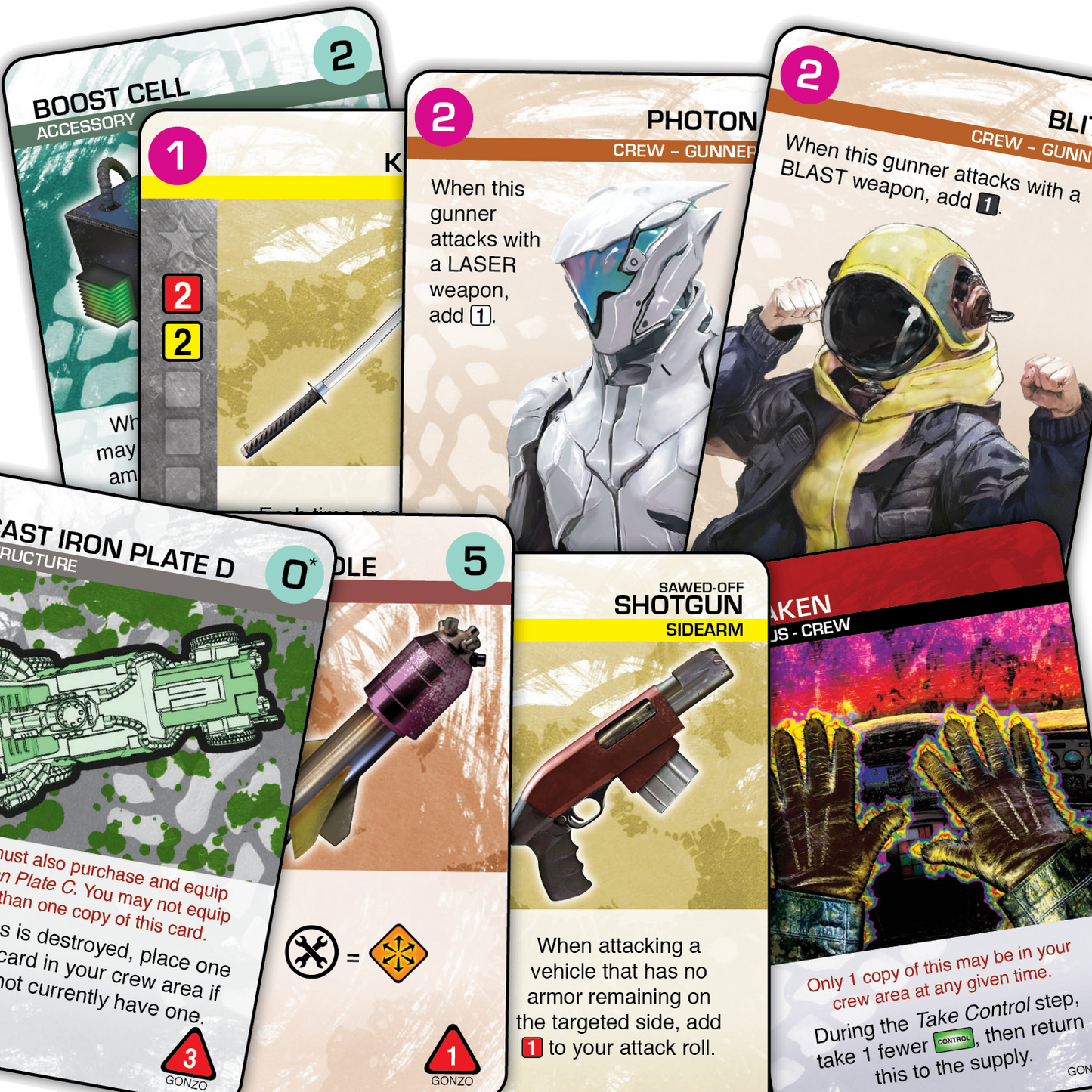 Multiple overlapping Car Wars (Sixth Edition) Gonzo Gear game cards display illustrations of a sawed-off shotgun, missile, katana, futuristic gunners, and green vehicle armor
