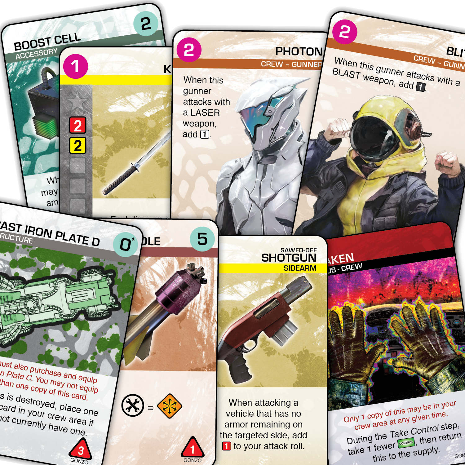 Multiple overlapping Car Wars (Sixth Edition) Gonzo Gear game cards display illustrations of a sawed-off shotgun, missile, katana, futuristic gunners, and green vehicle armor