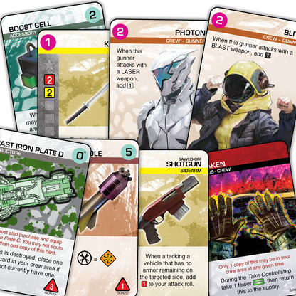 Multiple overlapping Car Wars (Sixth Edition) Gonzo Gear game cards display illustrations of a sawed-off shotgun, missile, katana, futuristic gunners, and green vehicle armor