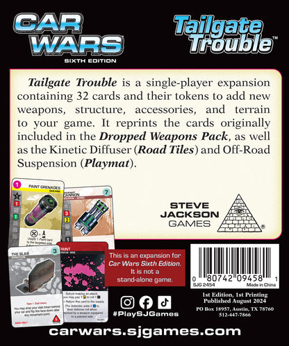 The back of the Car Wars Sixth Edition Tailgate Trouble product packaging, describing it as a single-player expansion with 32 cards and tokens, alongside a barcode and publisher details