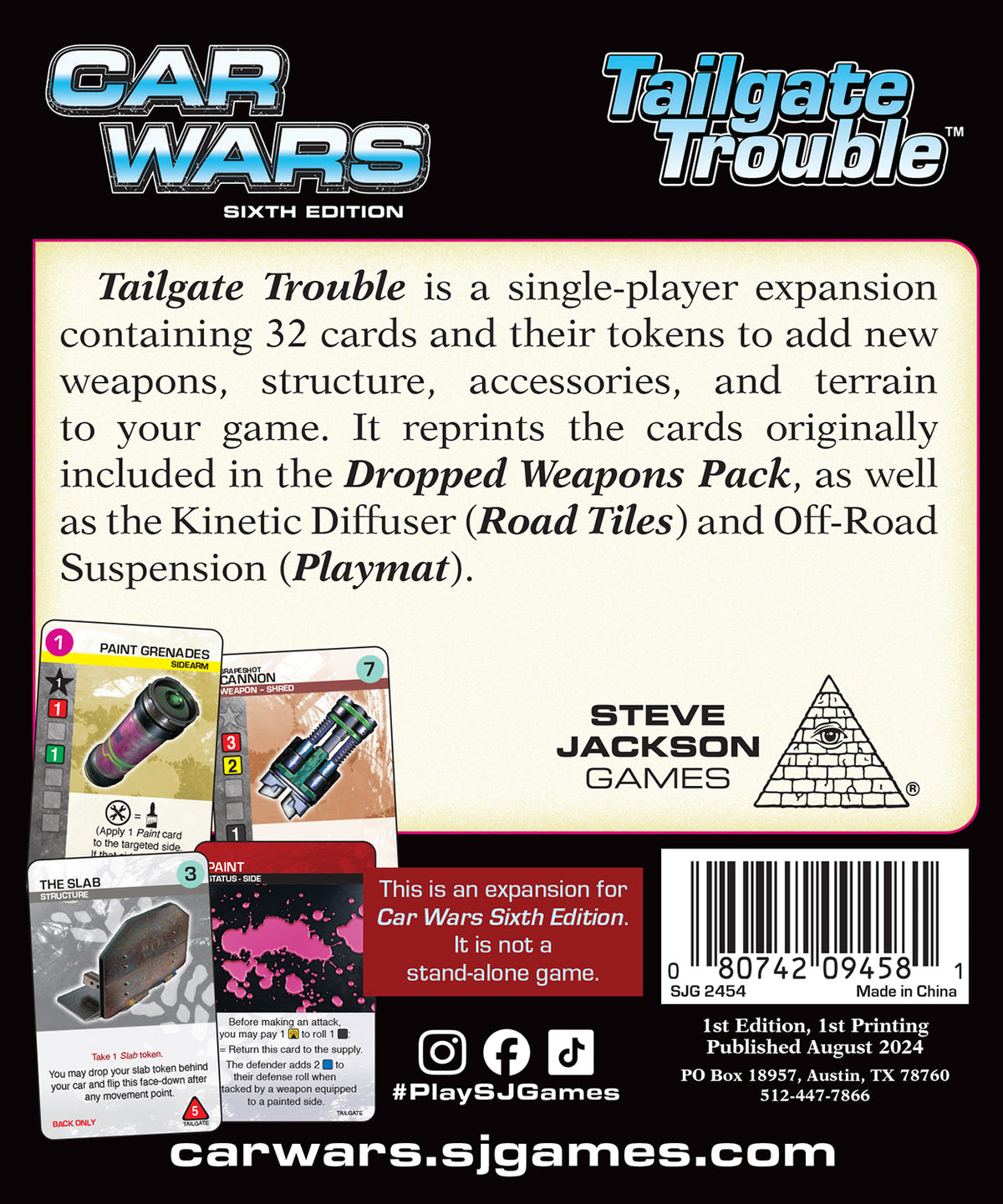 The back of the Car Wars Sixth Edition Tailgate Trouble product packaging, describing it as a single-player expansion with 32 cards and tokens, alongside a barcode and publisher details