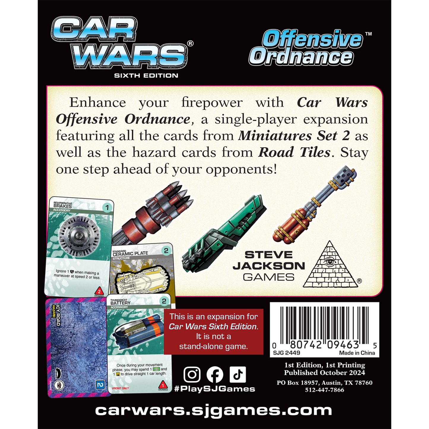 Car Wars Sixth Edition Offensive Ordnance expansion detailing its title, game description, sample cards including Icy Road, weapon art, publisher details, and barcode