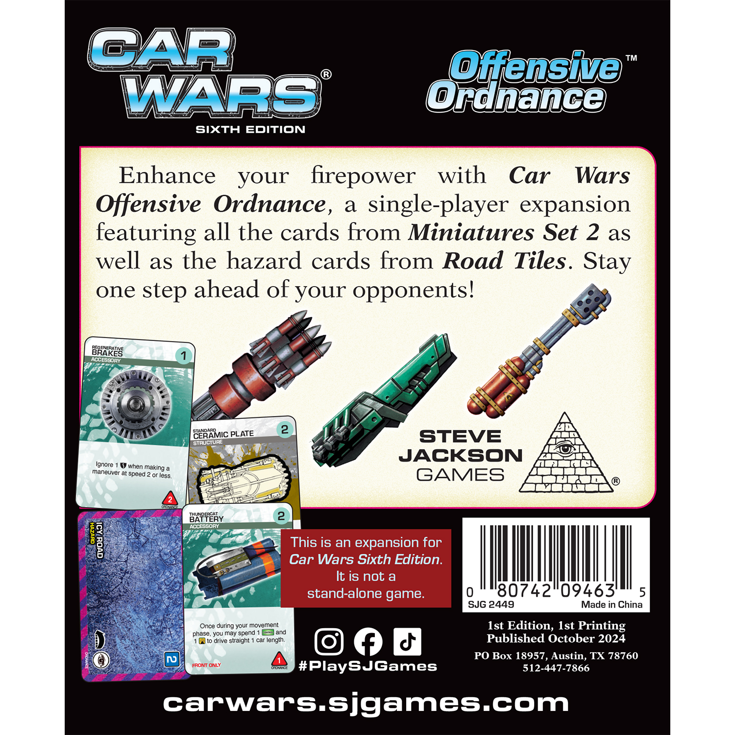 Car Wars Sixth Edition Offensive Ordnance expansion detailing its title, game description, sample cards including Icy Road, weapon art, publisher details, and barcode
