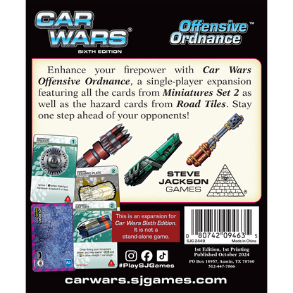 Car Wars Sixth Edition Offensive Ordnance expansion detailing its title, game description, sample cards including Icy Road, weapon art, publisher details, and barcode