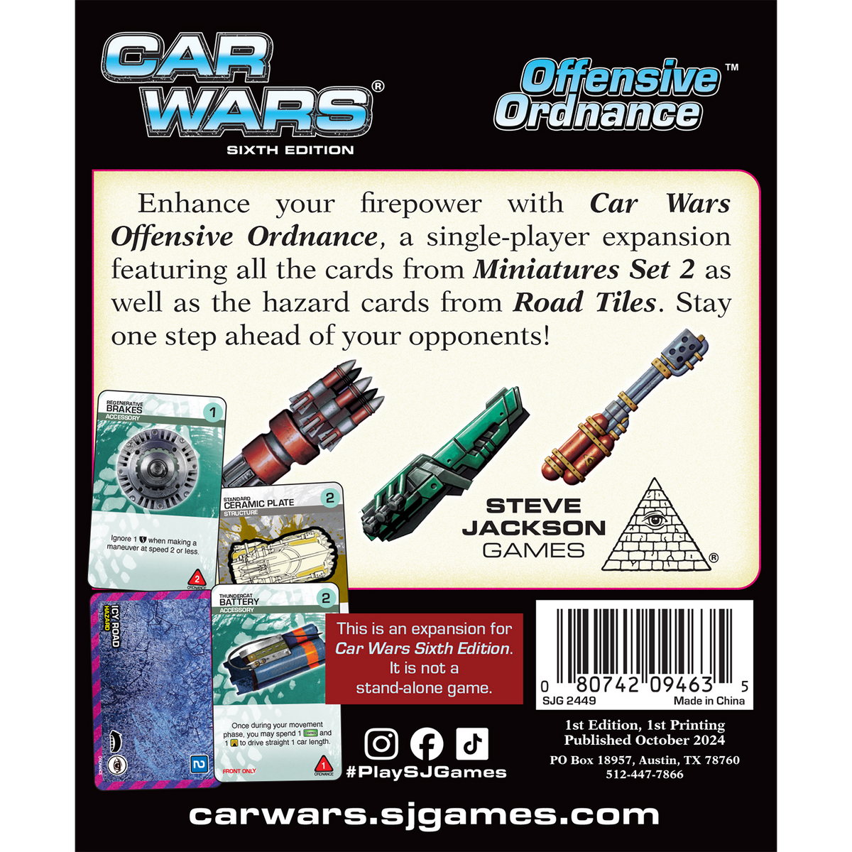 Car Wars Sixth Edition Offensive Ordnance expansion detailing its title, game description, sample cards including Icy Road, weapon art, publisher details, and barcode