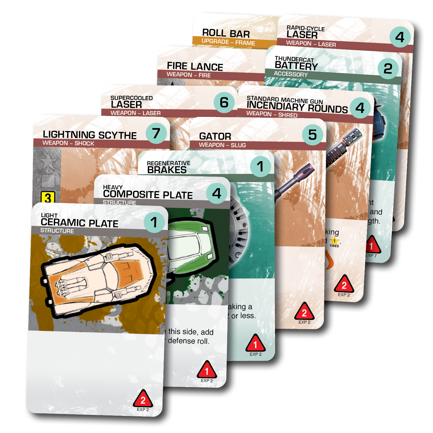 A fanned stack of Car Wars Sixth Edition Offensive Ordnance game cards, featuring detailed illustrations of various weapons and upgrades like Lightning Scythe and Rapid-Cycle Laser