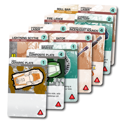 A fanned stack of Car Wars Sixth Edition Offensive Ordnance game cards, featuring detailed illustrations of various weapons and upgrades like Lightning Scythe and Rapid-Cycle Laser