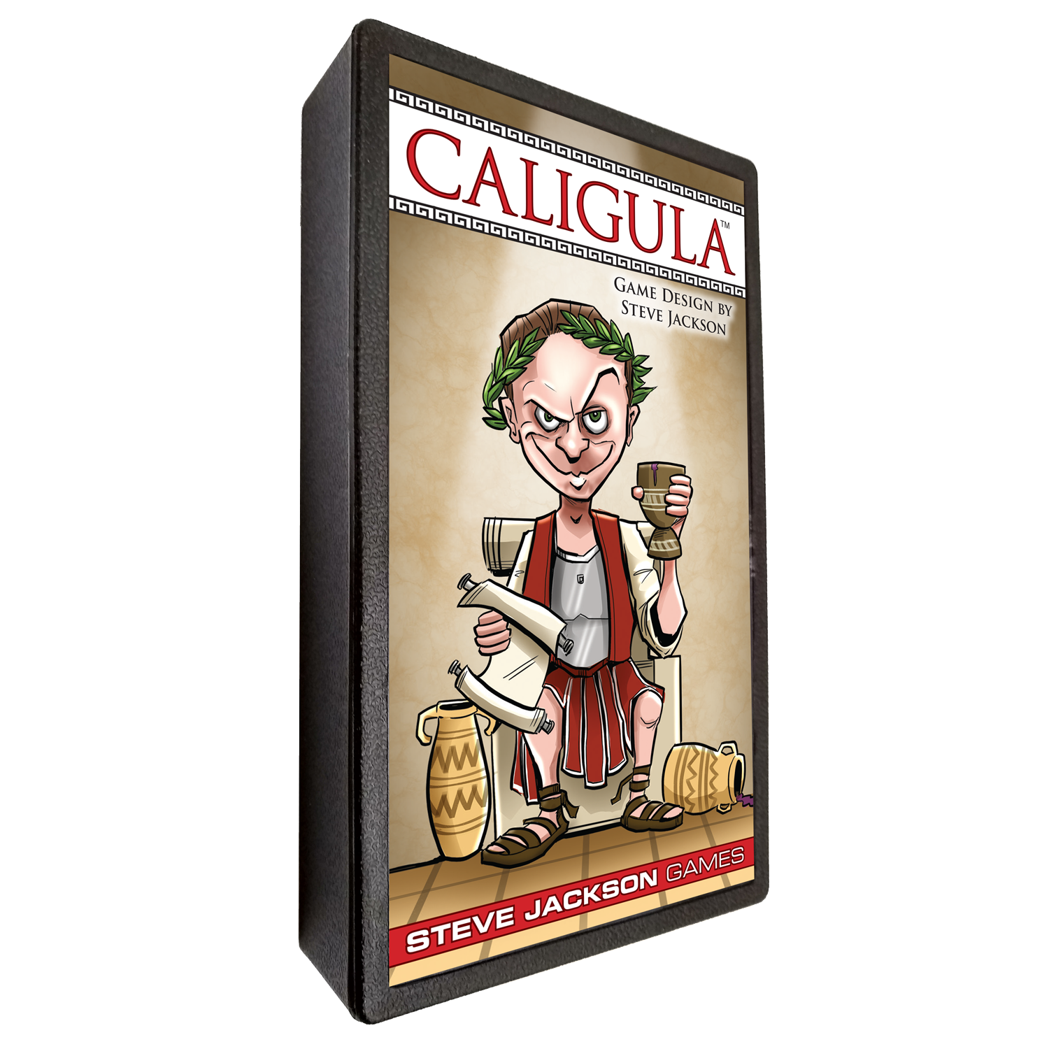 Angled view of the Caligula game box showing a cartoonish, menacing emperor in toga and laurel wreath holding a goblet and scrolls from Steve Jackson Games