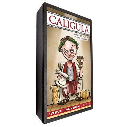 Angled view of the Caligula game box showing a cartoonish, menacing emperor in toga and laurel wreath holding a goblet and scrolls from Steve Jackson Games