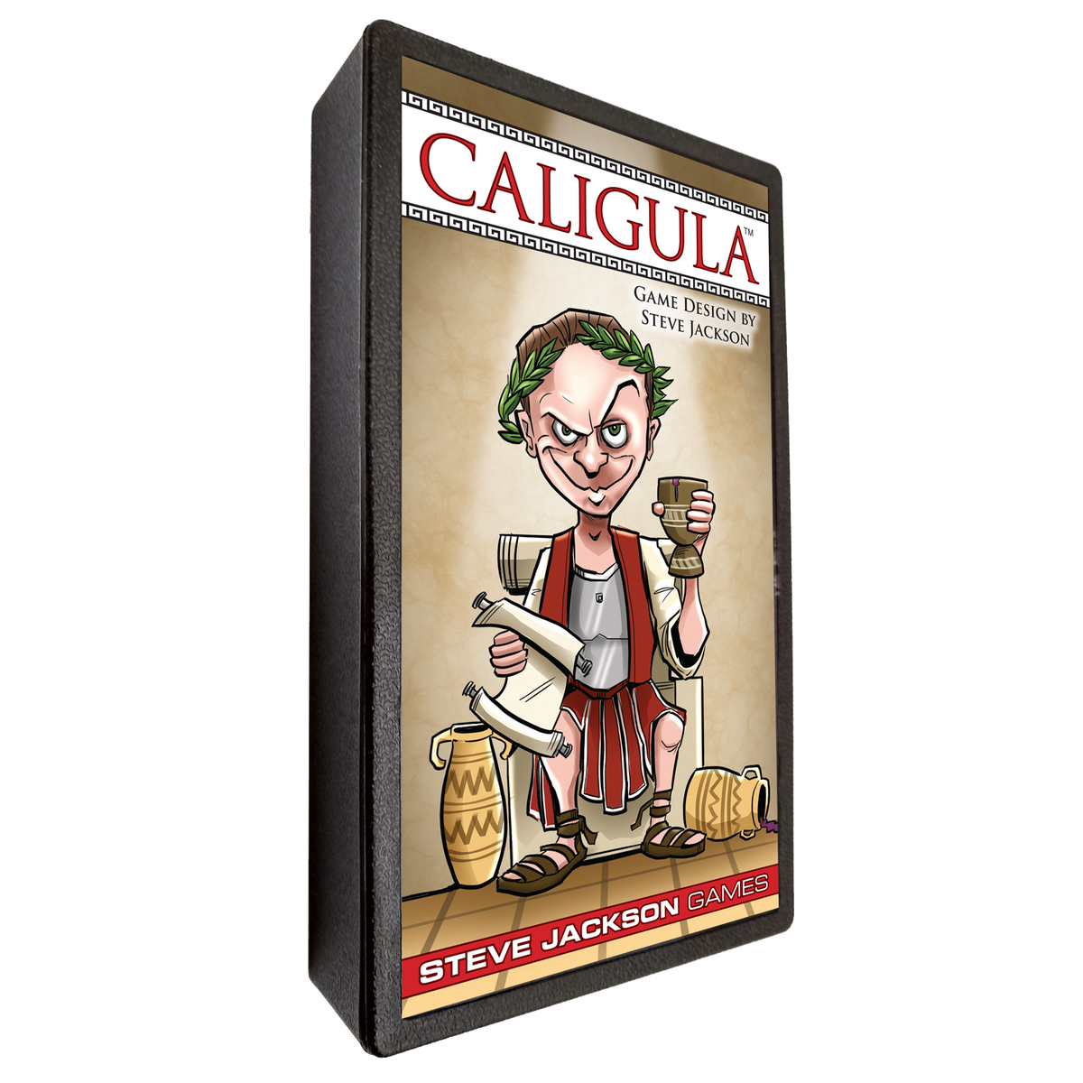 Angled view of the Caligula game box showing a cartoonish, menacing emperor in toga and laurel wreath holding a goblet and scrolls from Steve Jackson Games