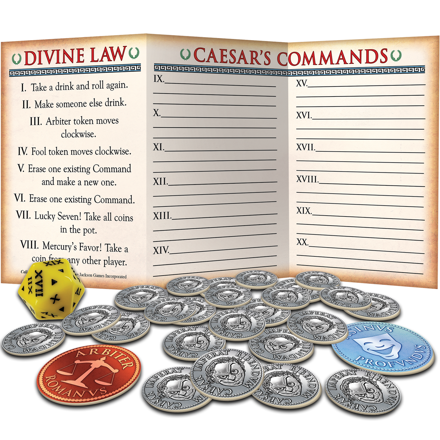 A Caligula-themed board game set includes two open rule cards, a yellow Roman numeral die, numerous silver coins, and red and blue game tokens