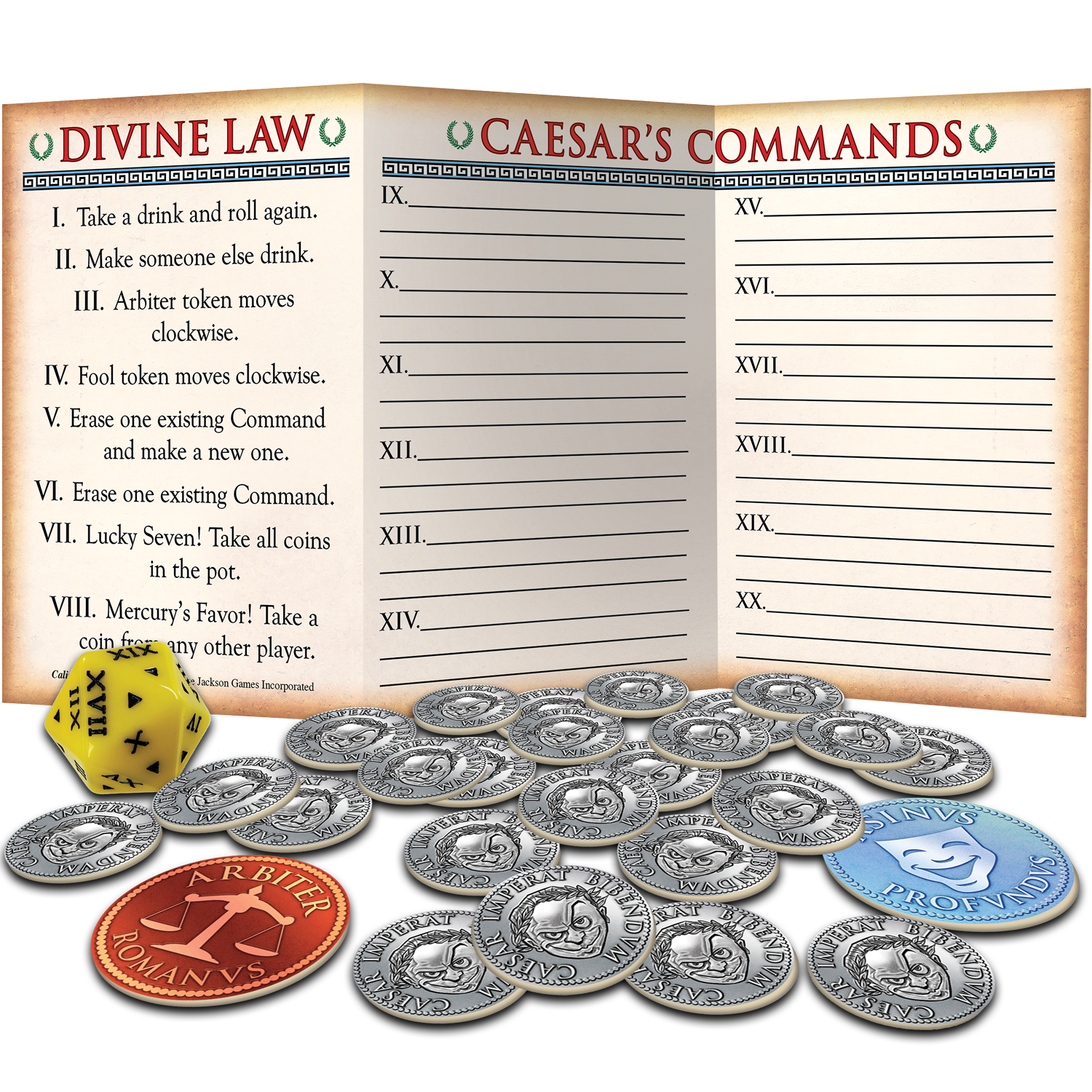 A Caligula-themed board game set includes two open rule cards, a yellow Roman numeral die, numerous silver coins, and red and blue game tokens
