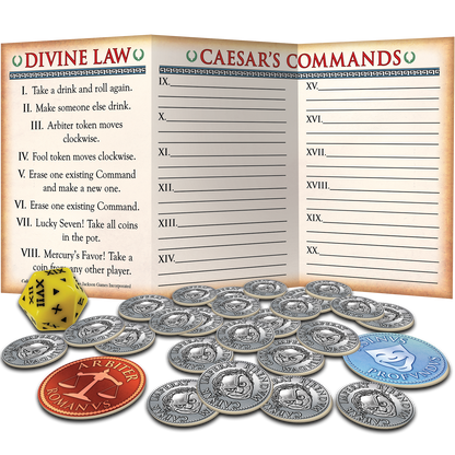 A Caligula-themed board game set includes two open rule cards, a yellow Roman numeral die, numerous silver coins, and red and blue game tokens